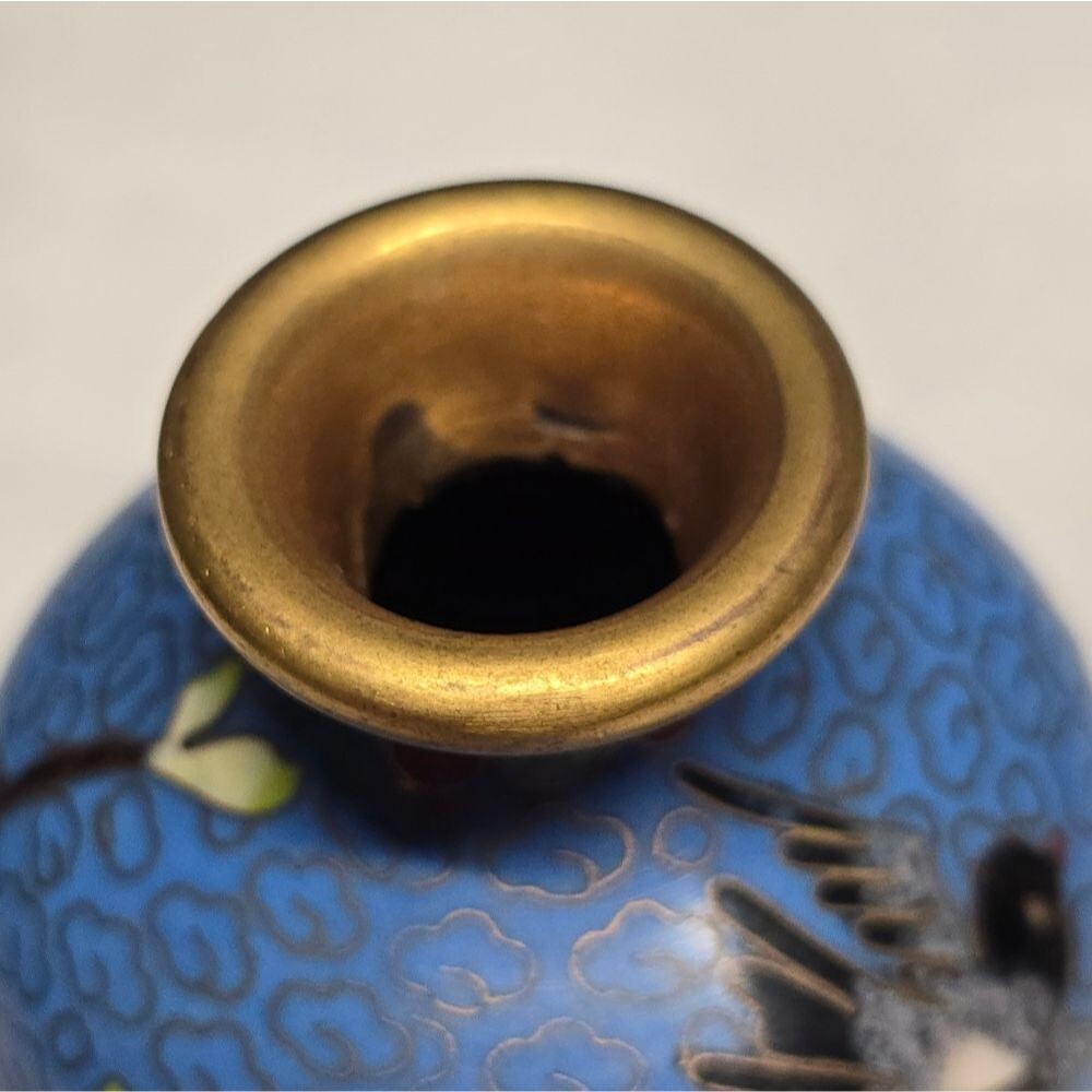 Cloisonne Cherry Blossom Flowers With Bird Blue Vintage Chinese Mini Vase - Picture 6 of 10
